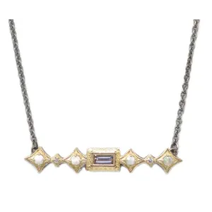 Armenta 18K Yellow Gold and Grey Sterling Silver Crivelli Necklace with White Diamonds, Opals, and Morganite