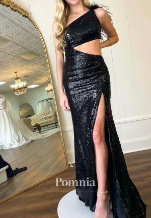 Black One Shoulder Sleeveless Prom Dress with Sequins Evening Party Dress
