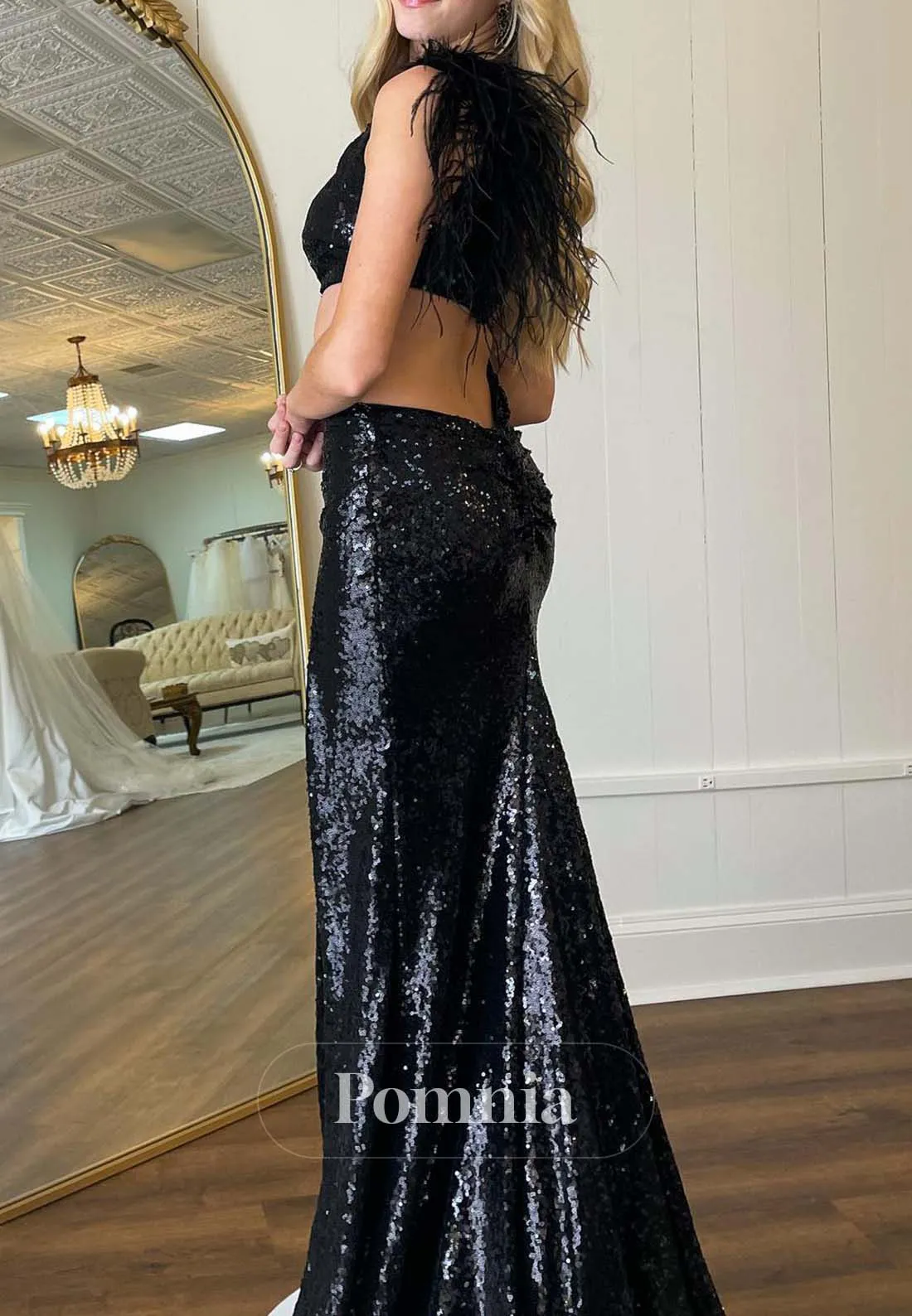 Black One Shoulder Sleeveless Prom Dress with Sequins Evening Party Dress