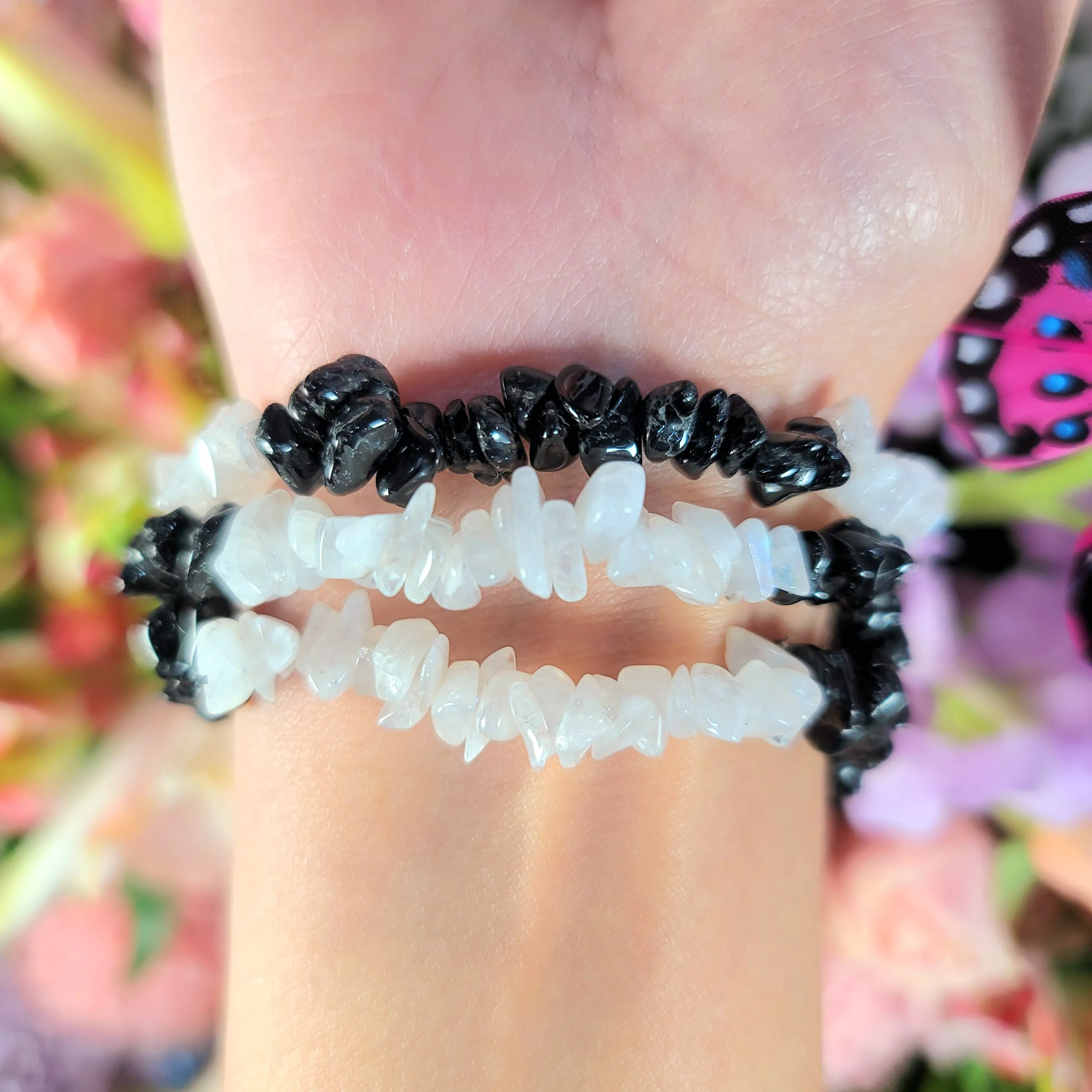 Black Tourmaline & Rainbow Moonstone Chip Bracelet for Divine Protection, New Beginnings & Goddess Insight
