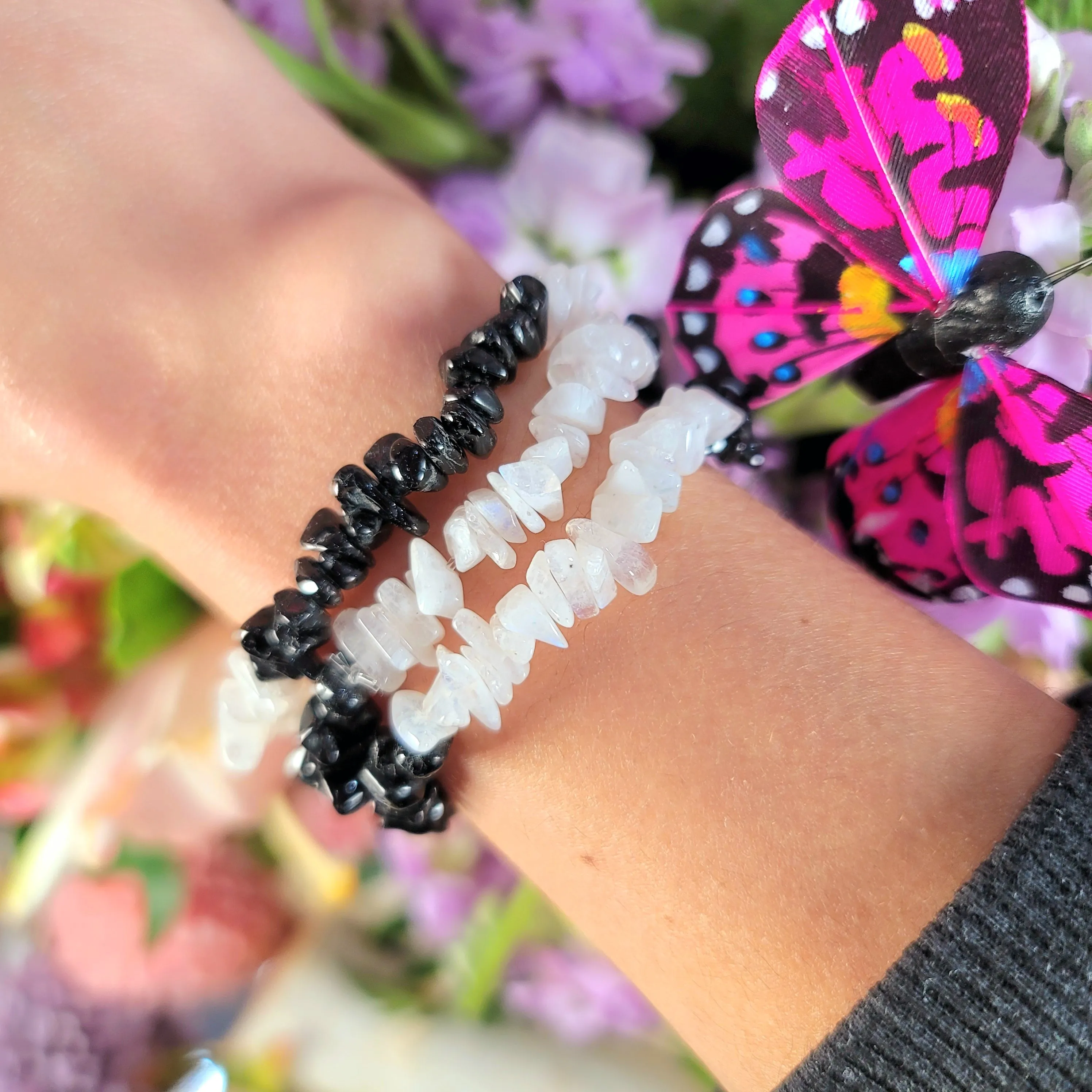Black Tourmaline & Rainbow Moonstone Chip Bracelet for Divine Protection, New Beginnings & Goddess Insight