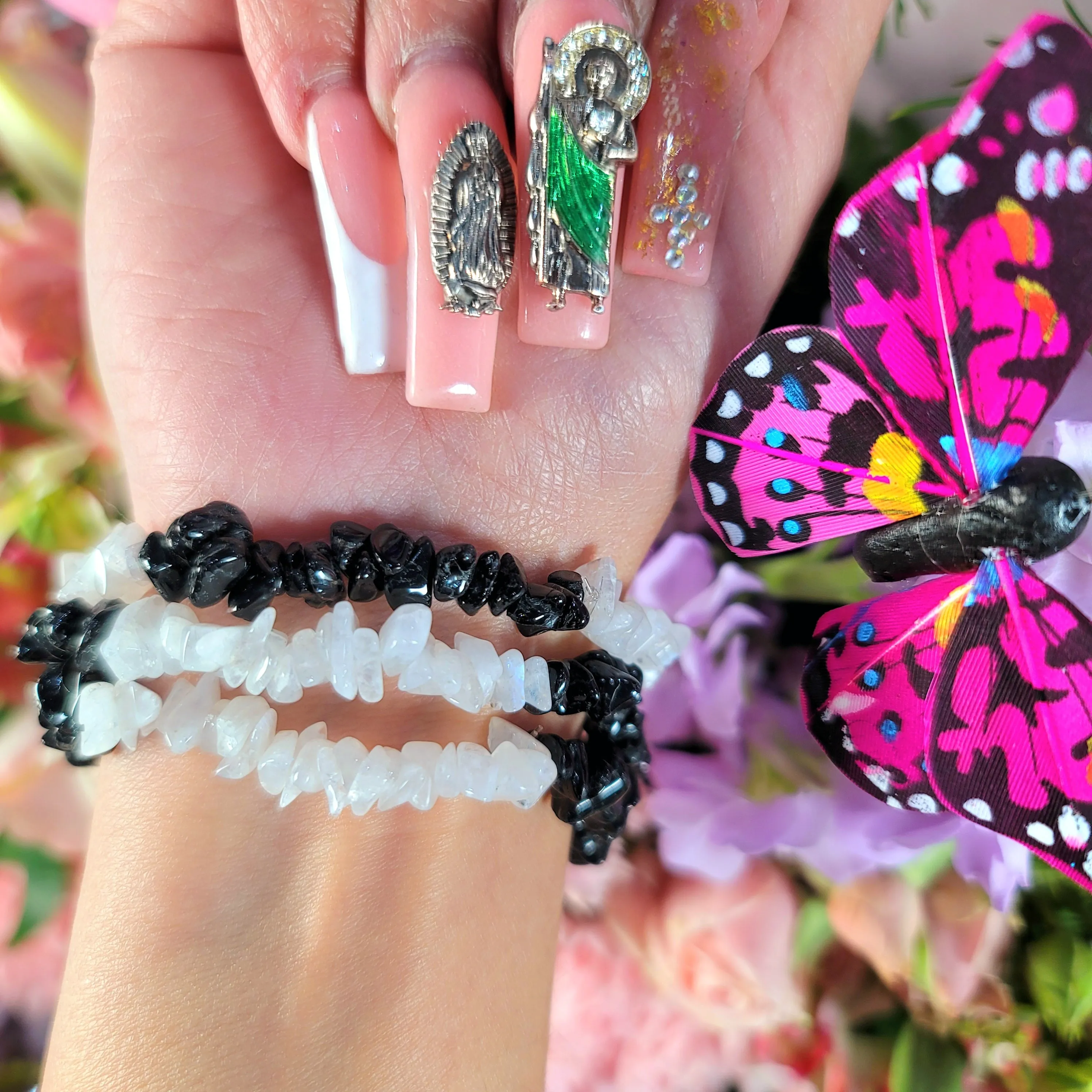 Black Tourmaline & Rainbow Moonstone Chip Bracelet for Divine Protection, New Beginnings & Goddess Insight