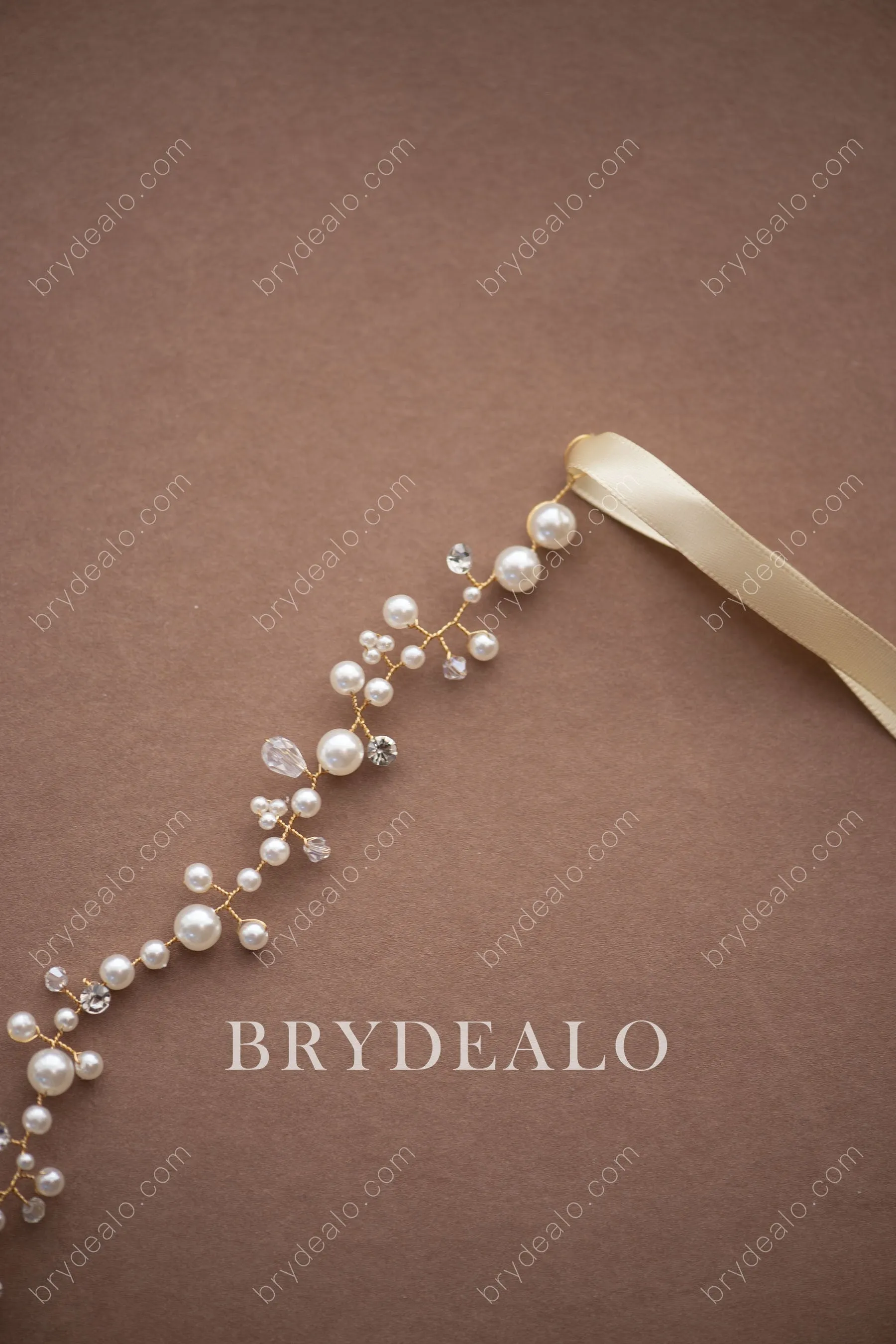 Champagne Exquisite Pearls Crystals Bridal Sash Belt