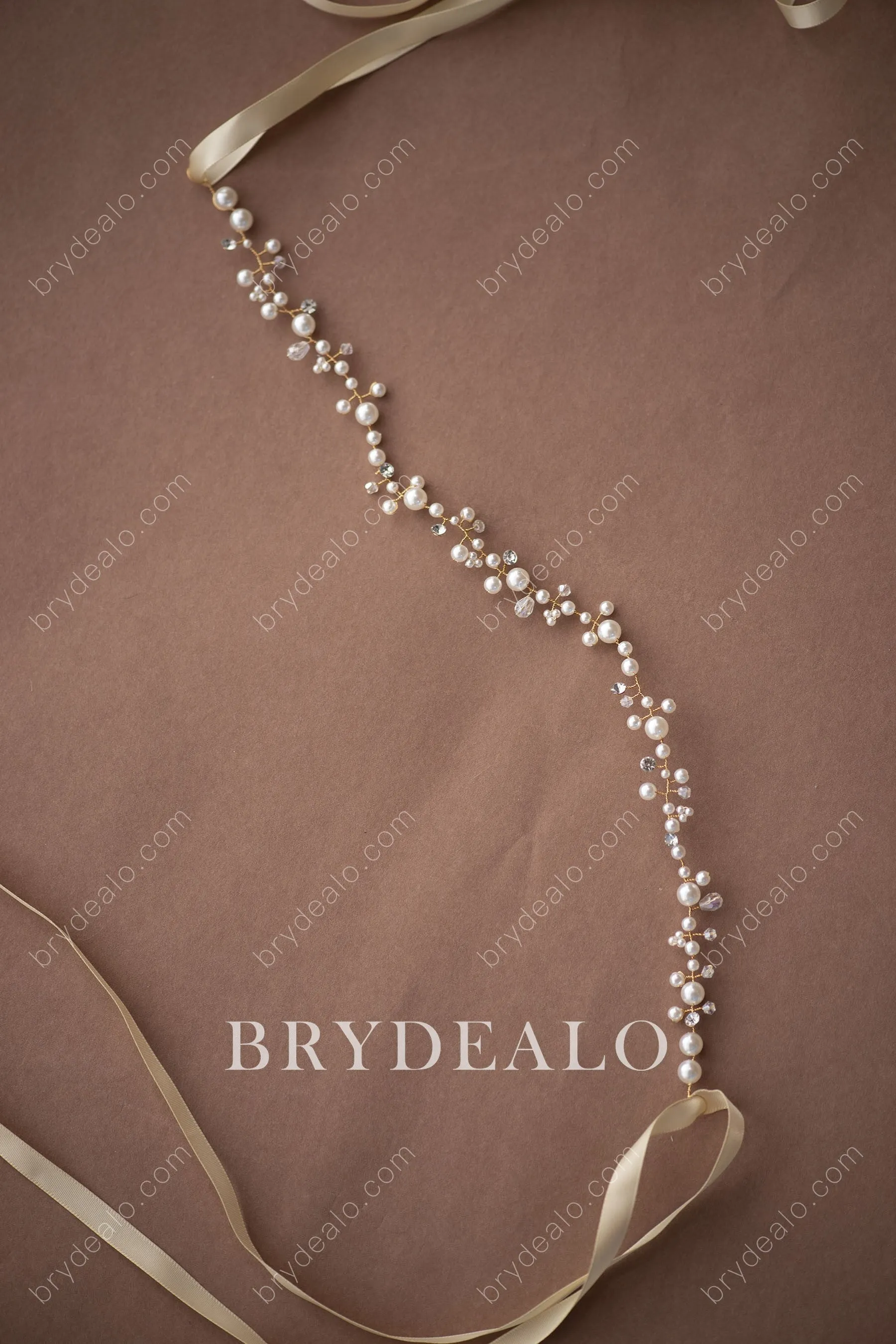 Champagne Exquisite Pearls Crystals Bridal Sash Belt