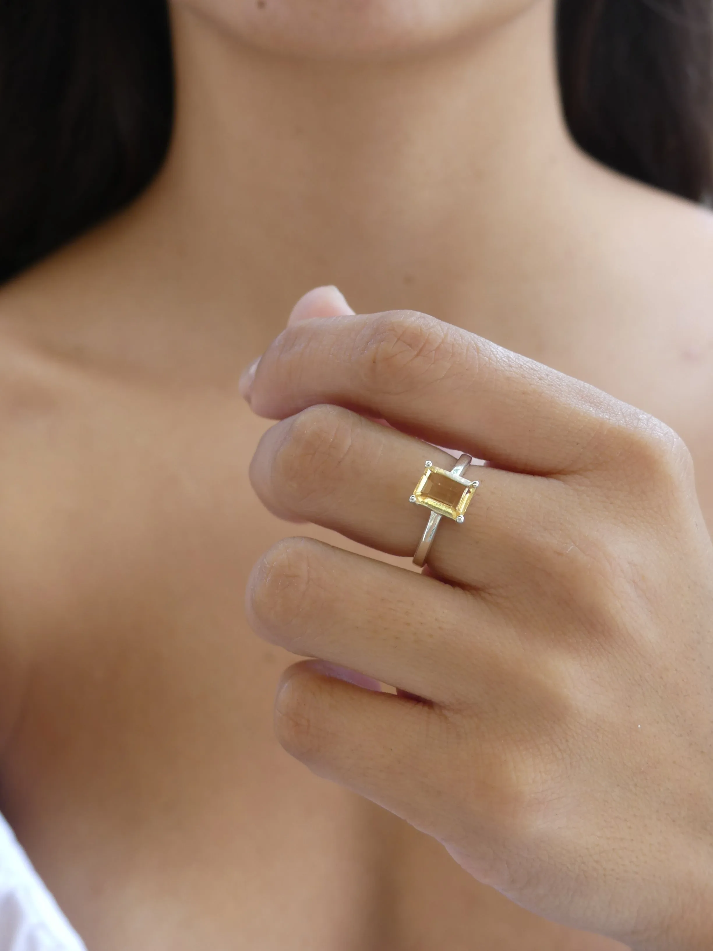 Citrine Ring, .925 Sterling Silver Citrine Natural Gemstone Sunshine Princess Emerald Cut Nickel Free Luxury Ring