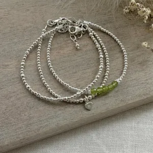 Dainty Personalised August Birthstone Peridot Bracelet Set, Dainty Sterling Silver Stacking Bracelets for Women
