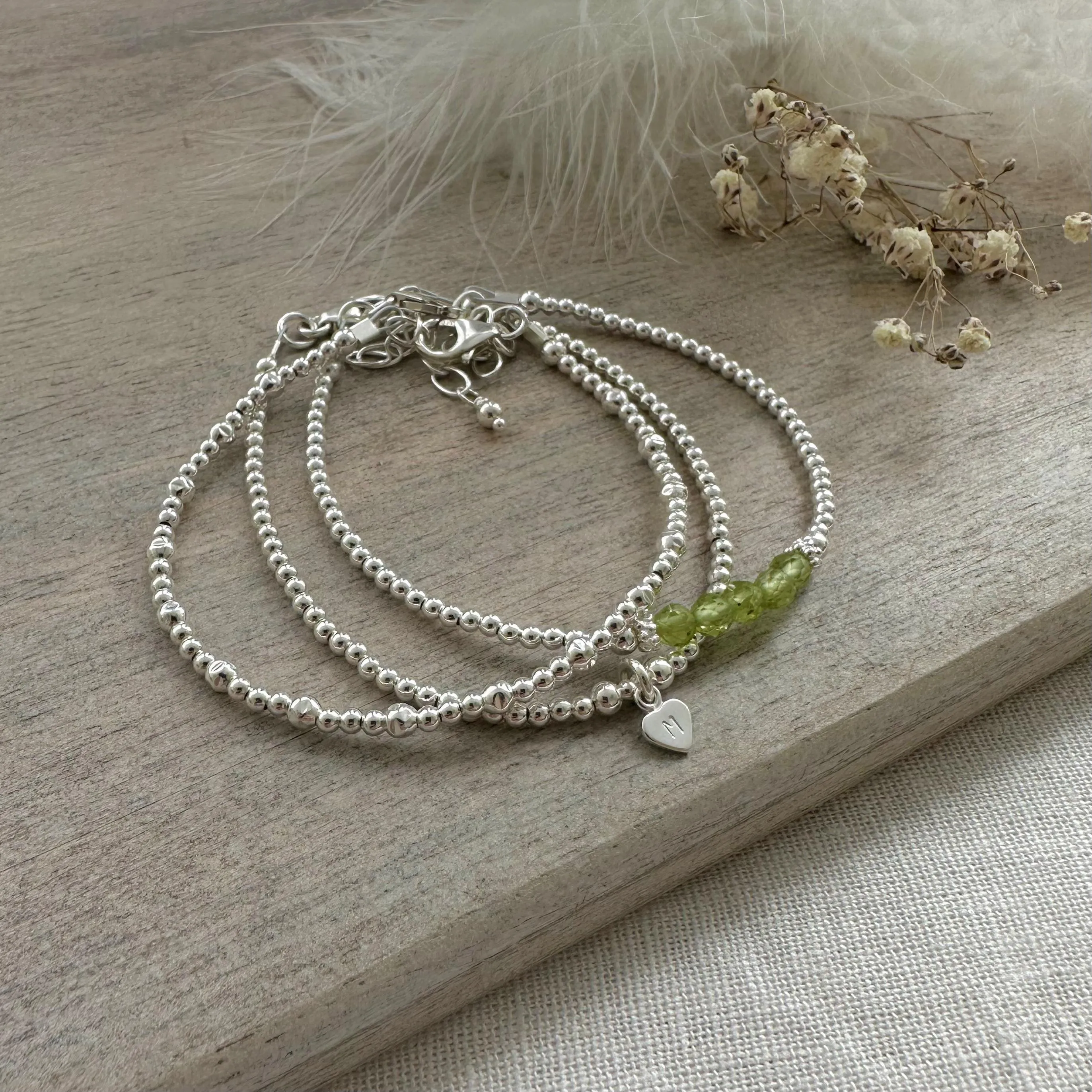 Dainty Personalised August Birthstone Peridot Bracelet Set, Dainty Sterling Silver Stacking Bracelets for Women