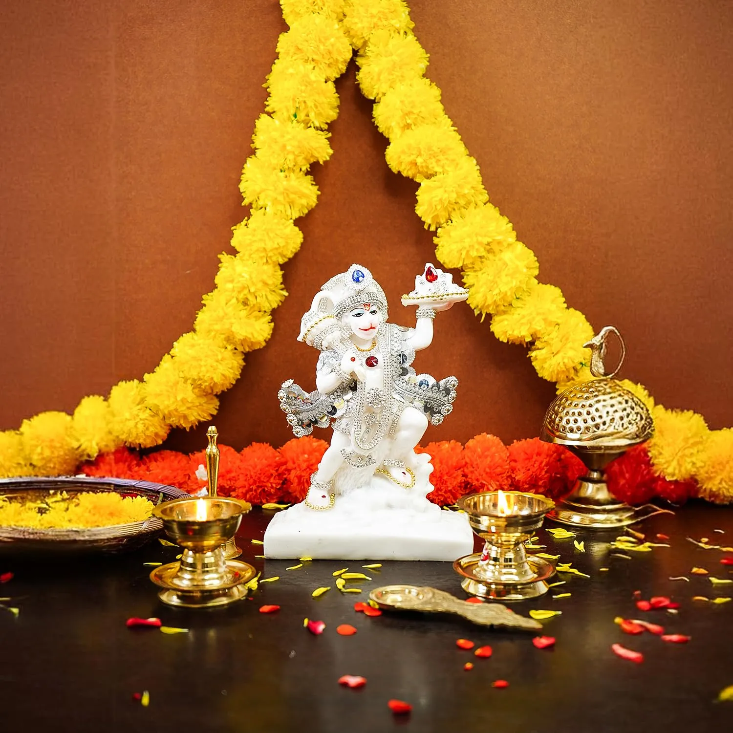 Ekhasa Aura Series Marble Dust Hanuman Ji Murti (8 inch, Medium Size) | Gemstone Zircon Studded Lord Hanuman Idol for Home Decor | Resin Bajrangbali for Puja | Bahubali Hanuman with Gada