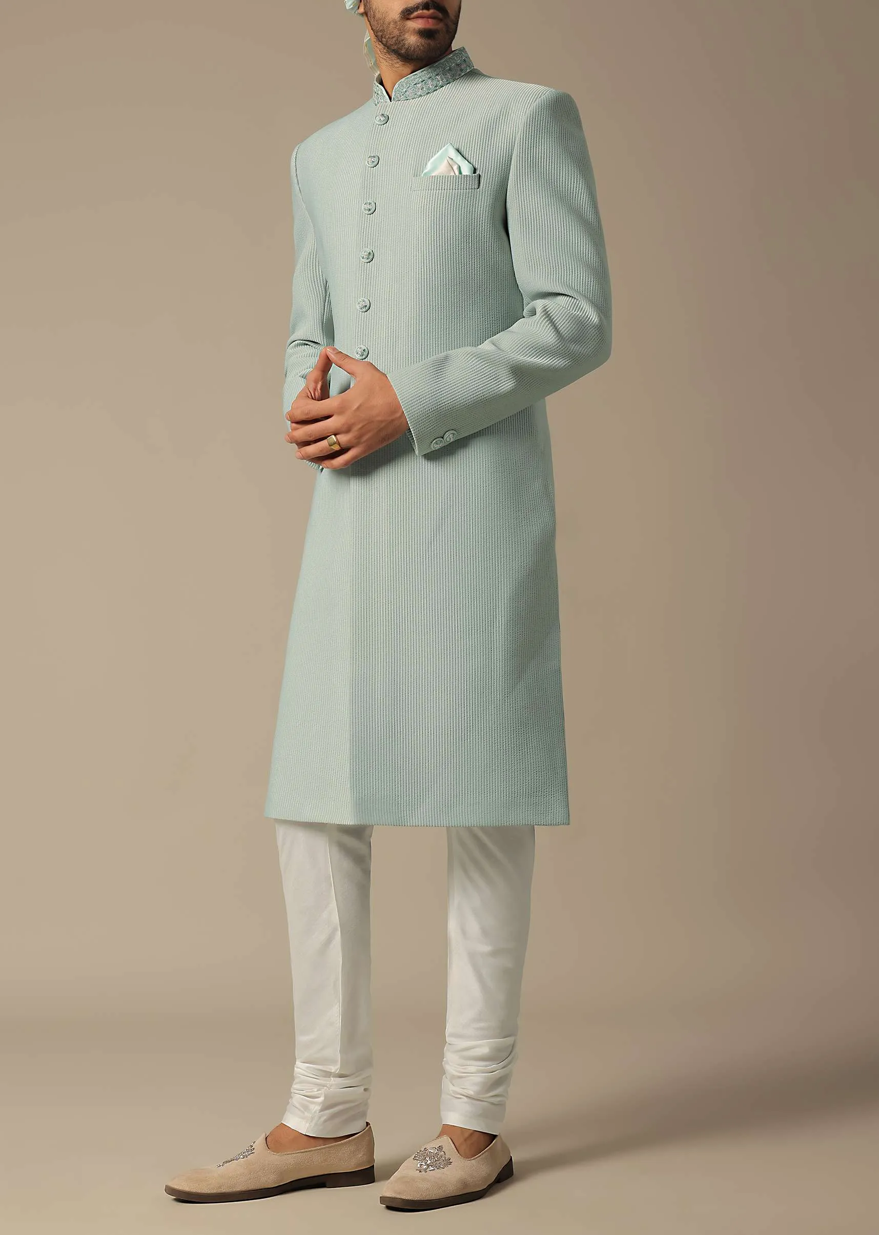 Exquisite Green Cotton Silk Sherwani Set