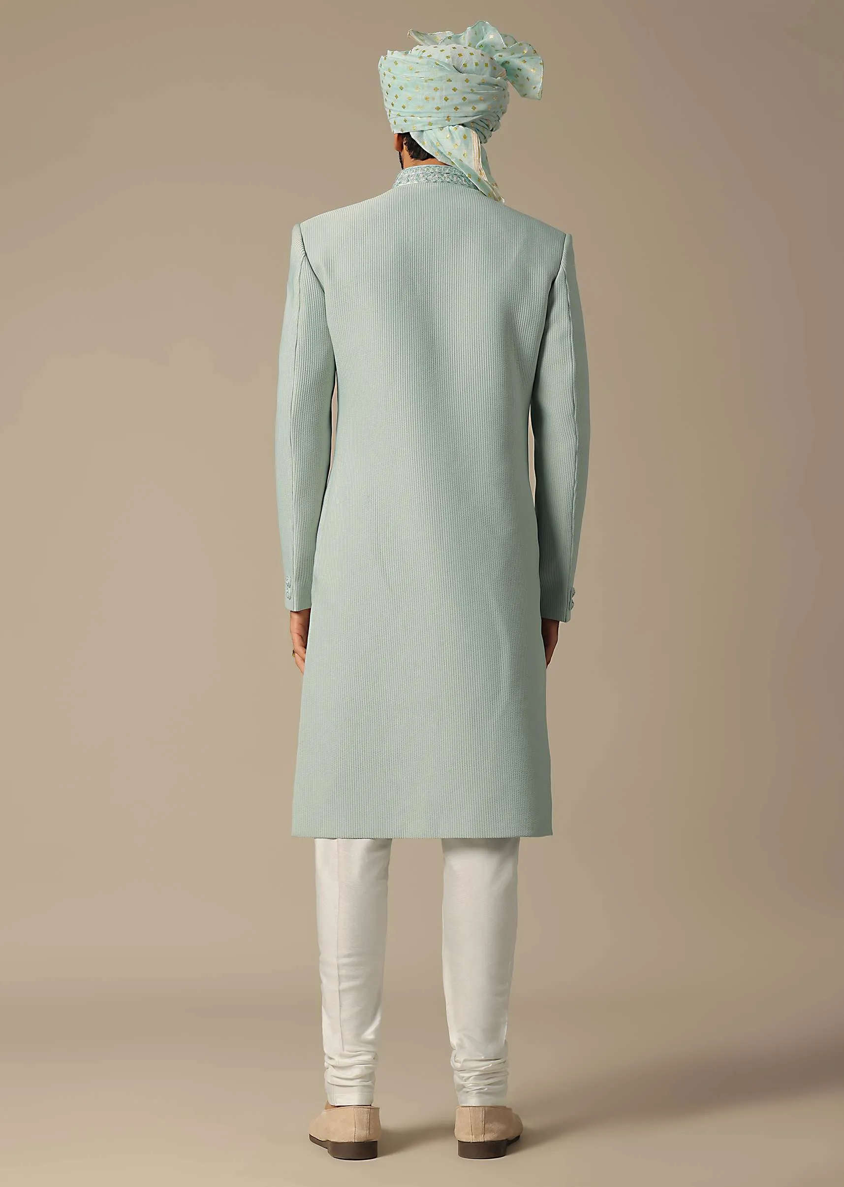 Exquisite Green Cotton Silk Sherwani Set
