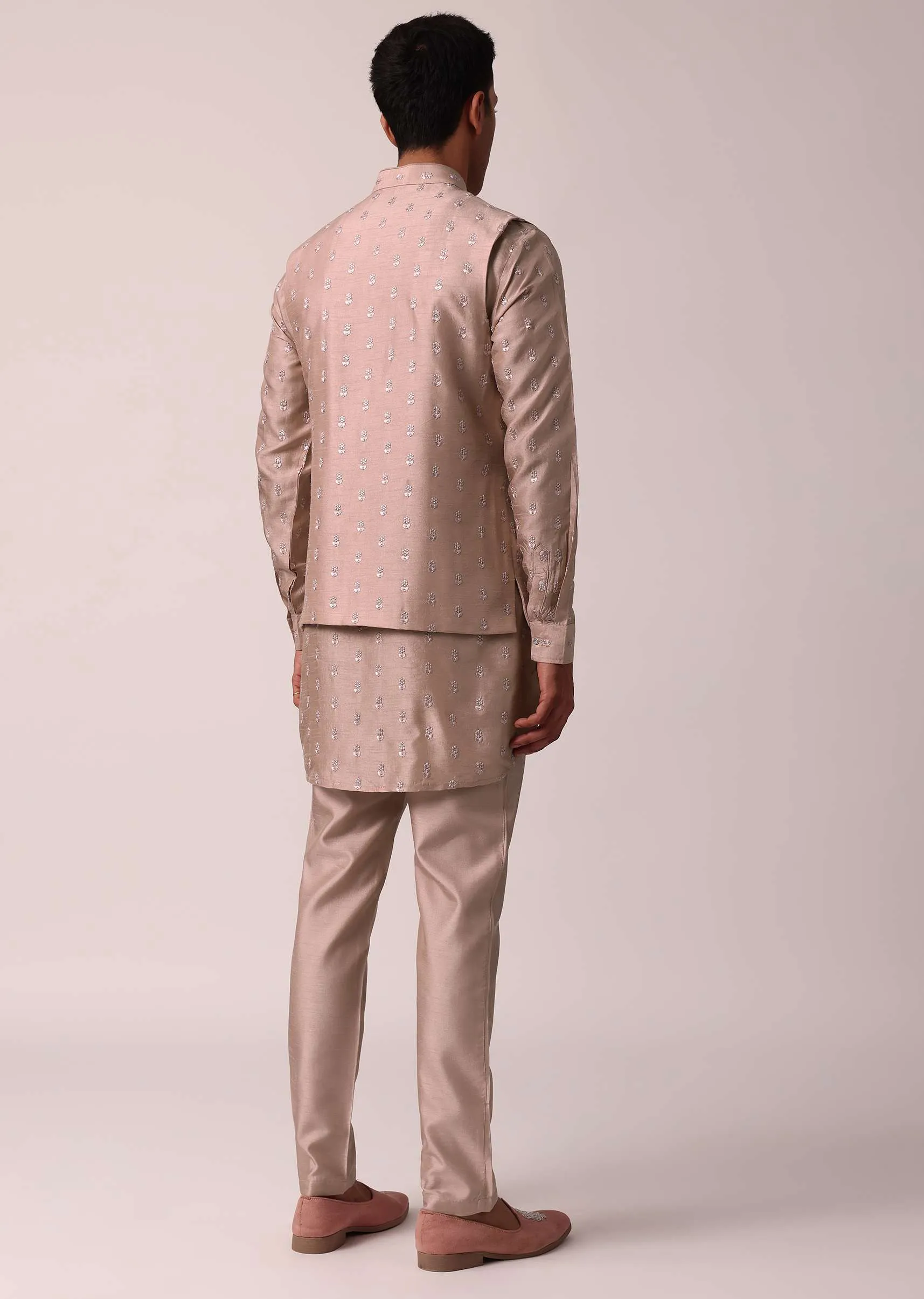 Exquisite Pink Silk Embroidered Jacket Kurta Set