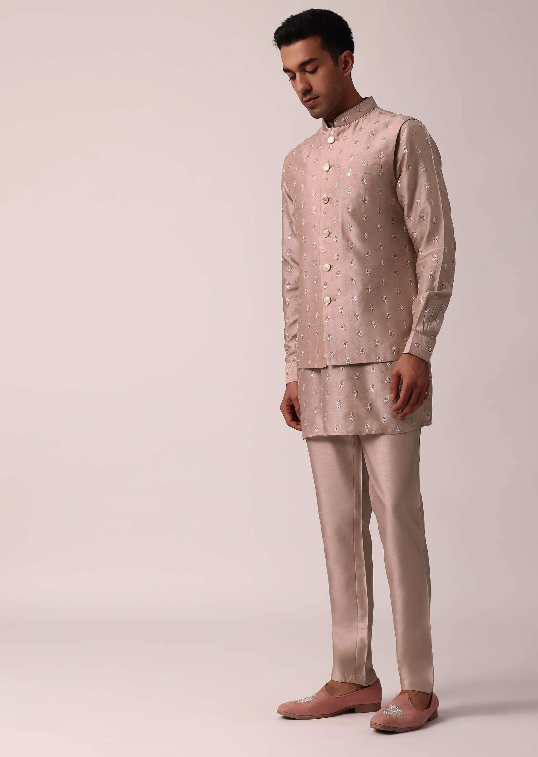 Exquisite Pink Silk Embroidered Jacket Kurta Set
