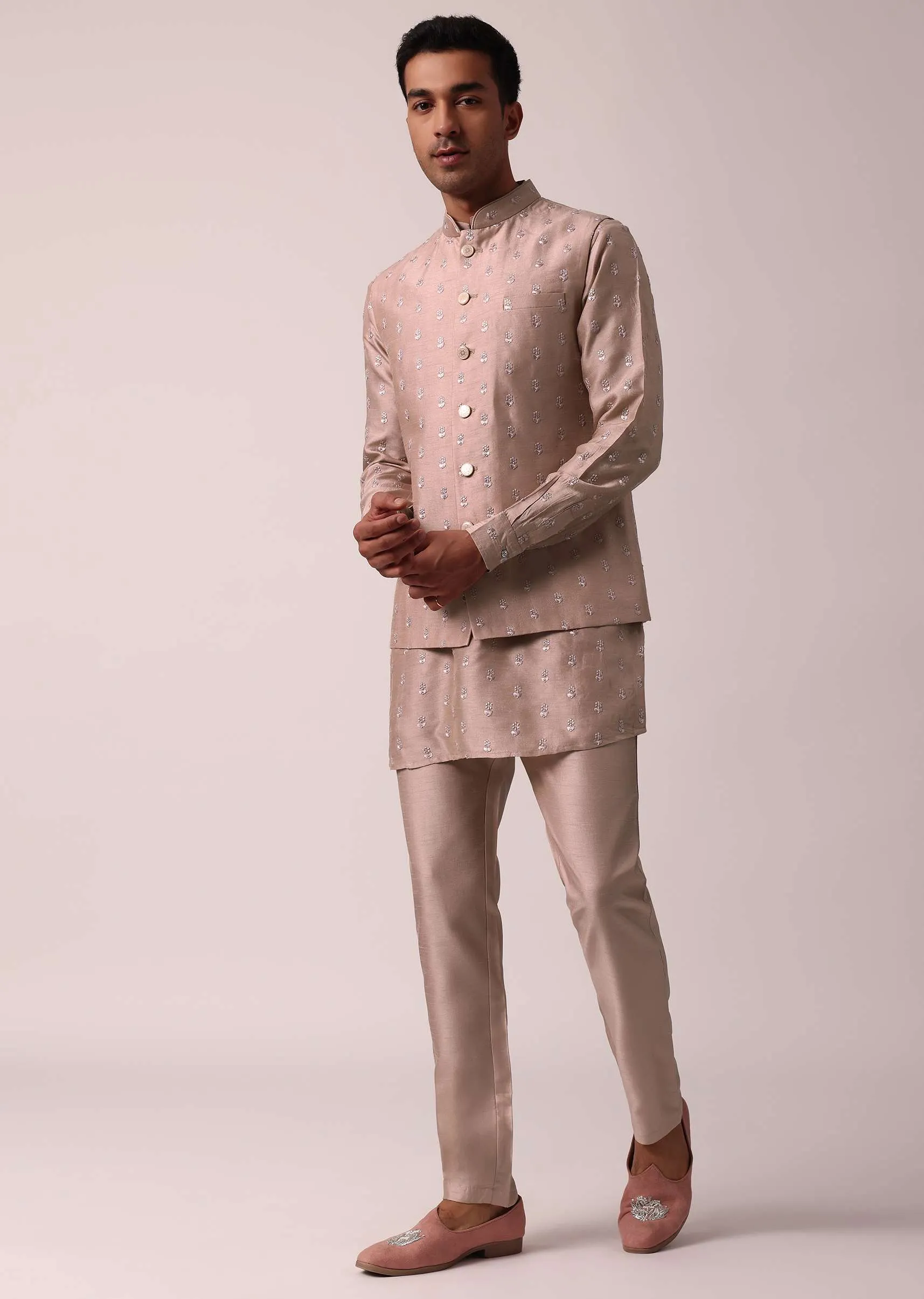 Exquisite Pink Silk Embroidered Jacket Kurta Set