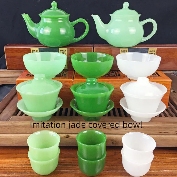 Glass Lidded Bowl Wholesale Glass Bowl Health Jade Bowl Tea Cup Jasper Green Teapot
