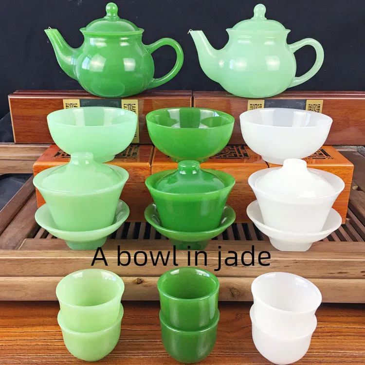 Glass Lidded Bowl Wholesale Glass Bowl Health Jade Bowl Tea Cup Jasper Green Teapot