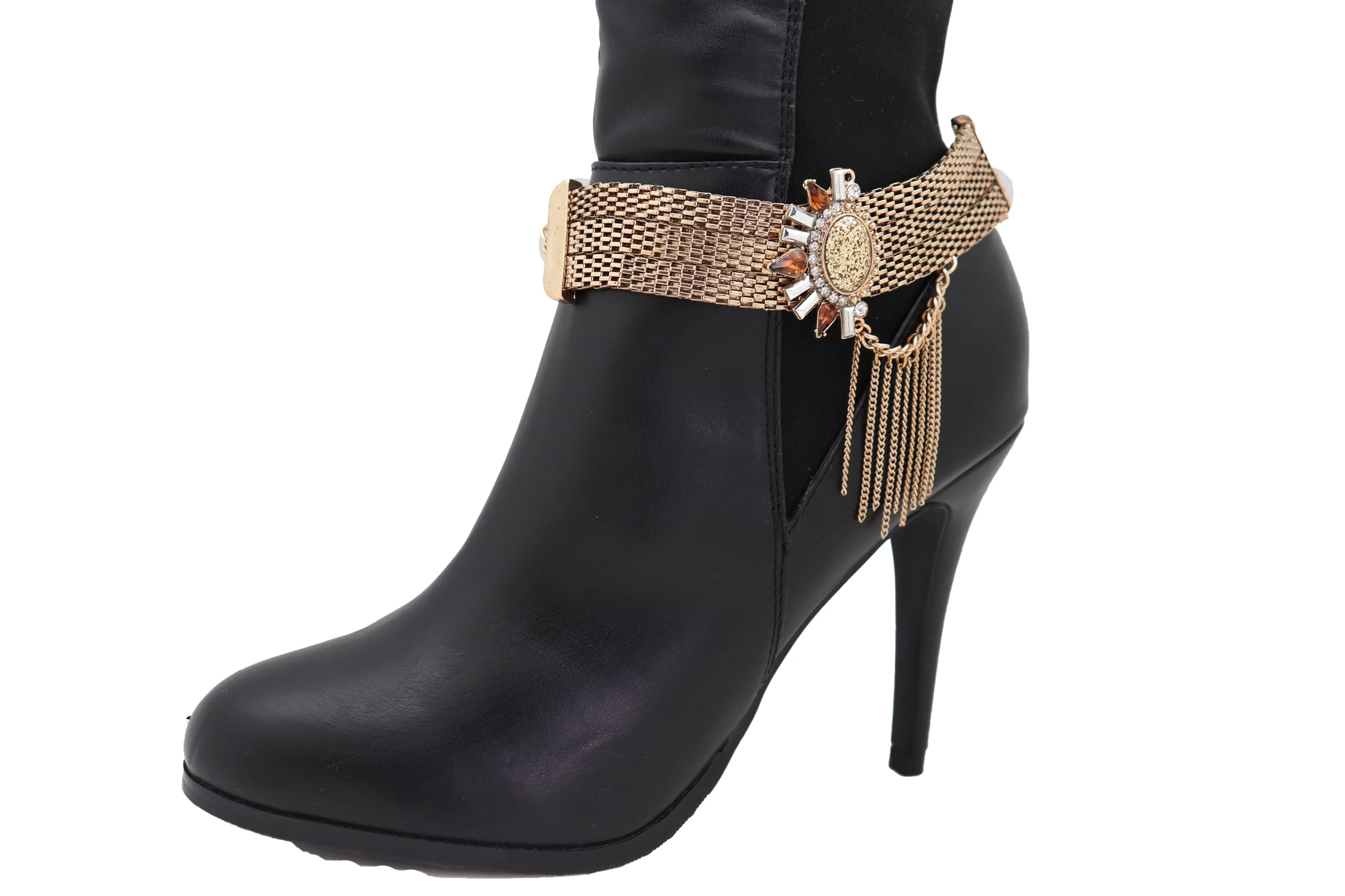 Gold Mesh Metal Chain Boot Bracelet Shoe Sun Bling Charm Tassel Anklet