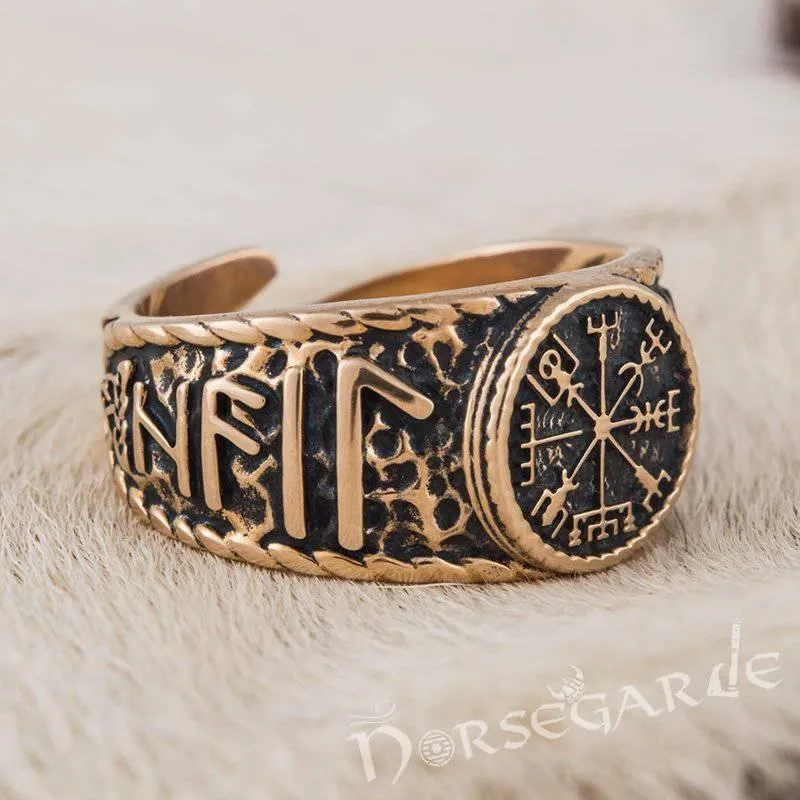 Handcrafted Vegvisir Runic Signet Ring - Bronze