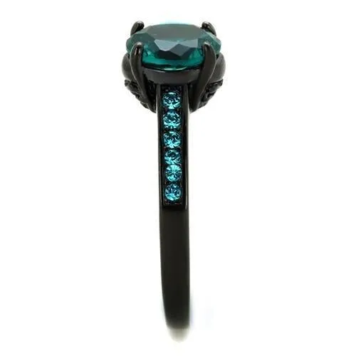 IP Black(Ion Plating) Stainless Steel Ring with Synthetic Synthetic Glass in Blue Zircon for Women Style TK2014