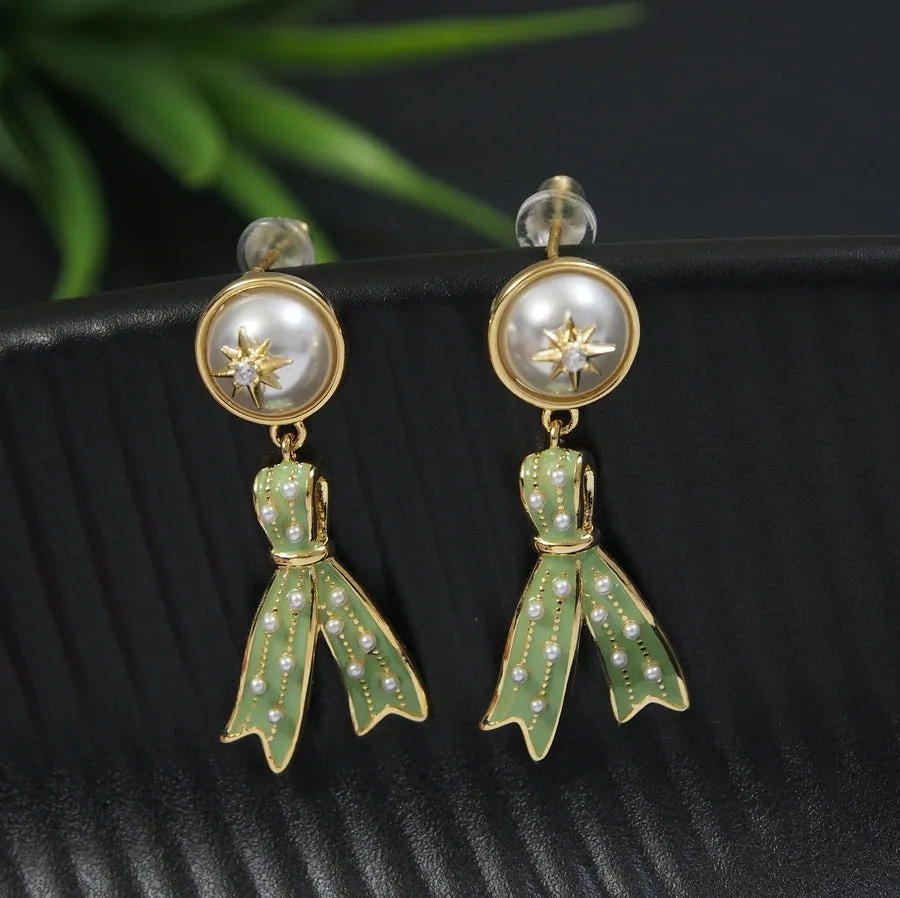 Korean Gold Plated Green Ribbon Shaped Drop Earring