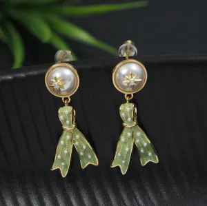 Korean Gold Plated Green Ribbon Shaped Drop Earring