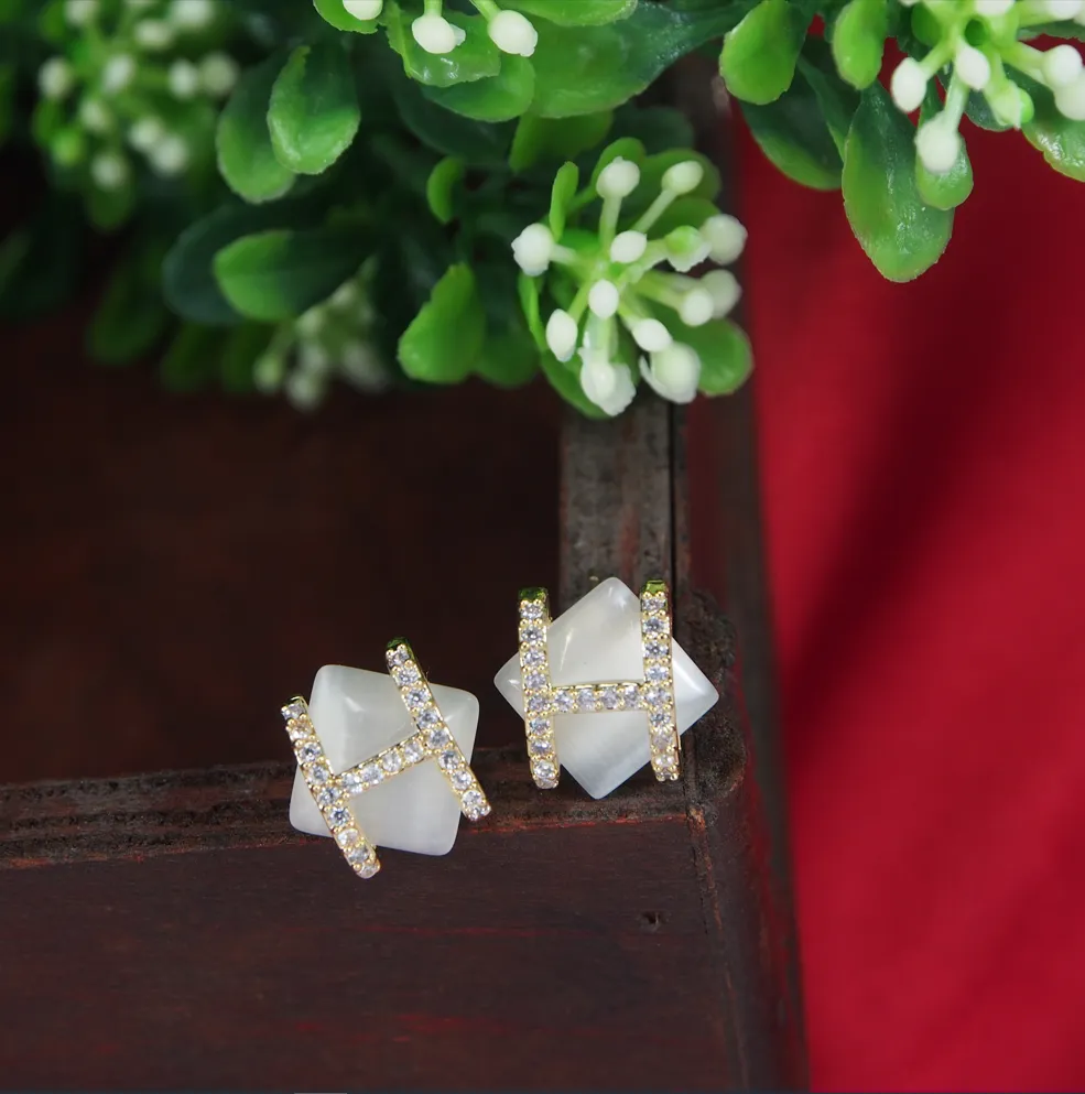 Korean Gold Plated  Plain and Shiny 'H' Shaped Stud Earring