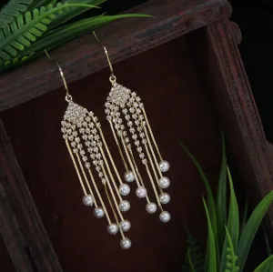 Korean Gold/Silver/Rosegold Plated Rhinestone Pearl Chain Long Earring