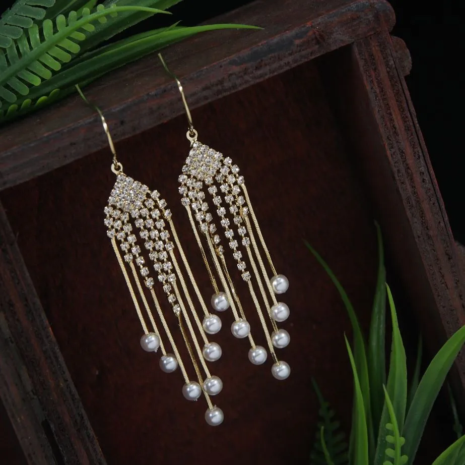 Korean Gold/Silver/Rosegold Plated Rhinestone Pearl Chain Long Earring