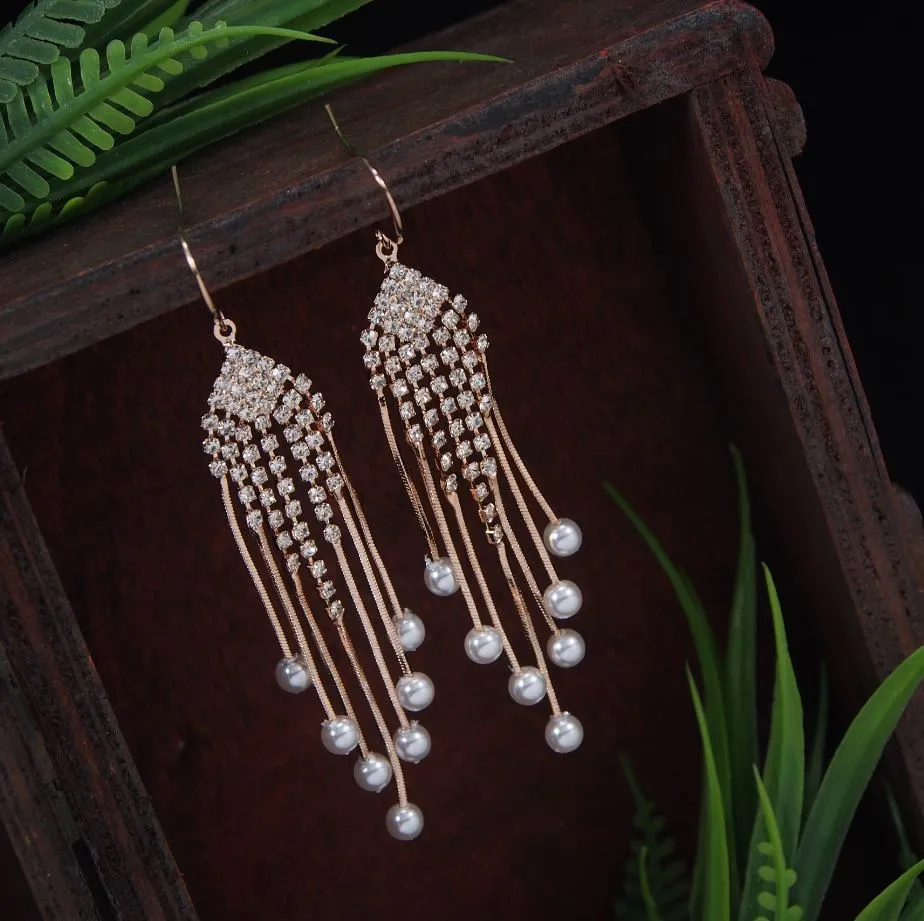 Korean Gold/Silver/Rosegold Plated Rhinestone Pearl Chain Long Earring