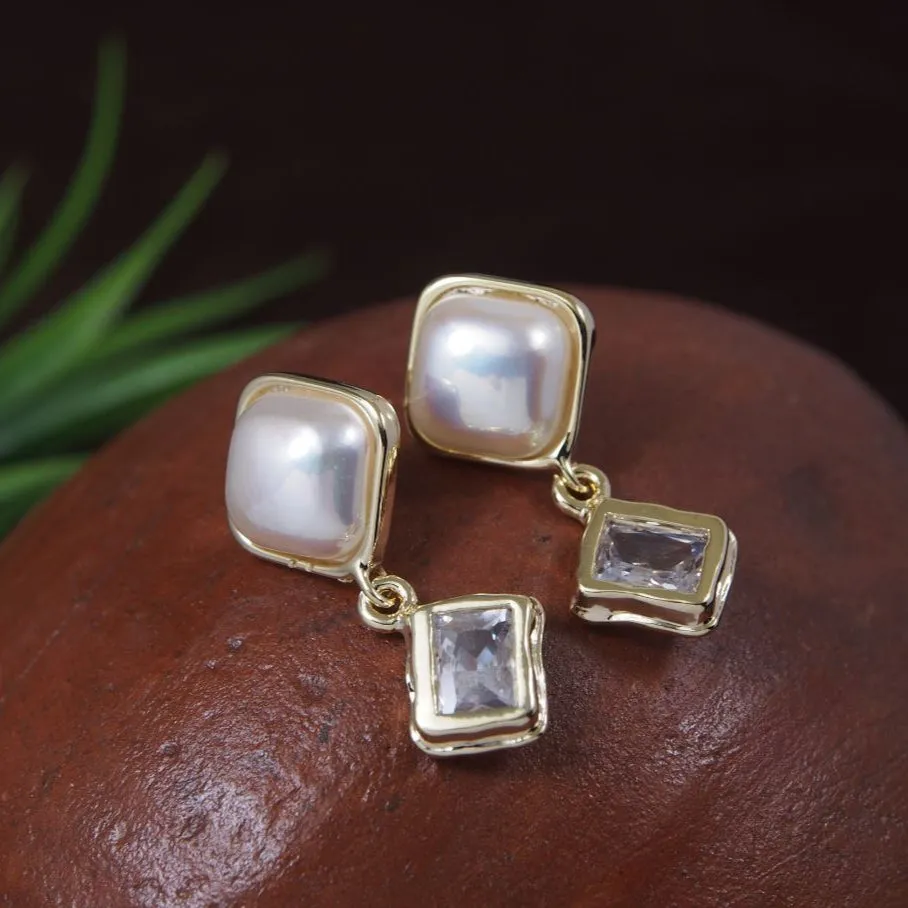 Korean Gold/Silver/Rosegold Plated Square Shaped white Pearl Drop Earring