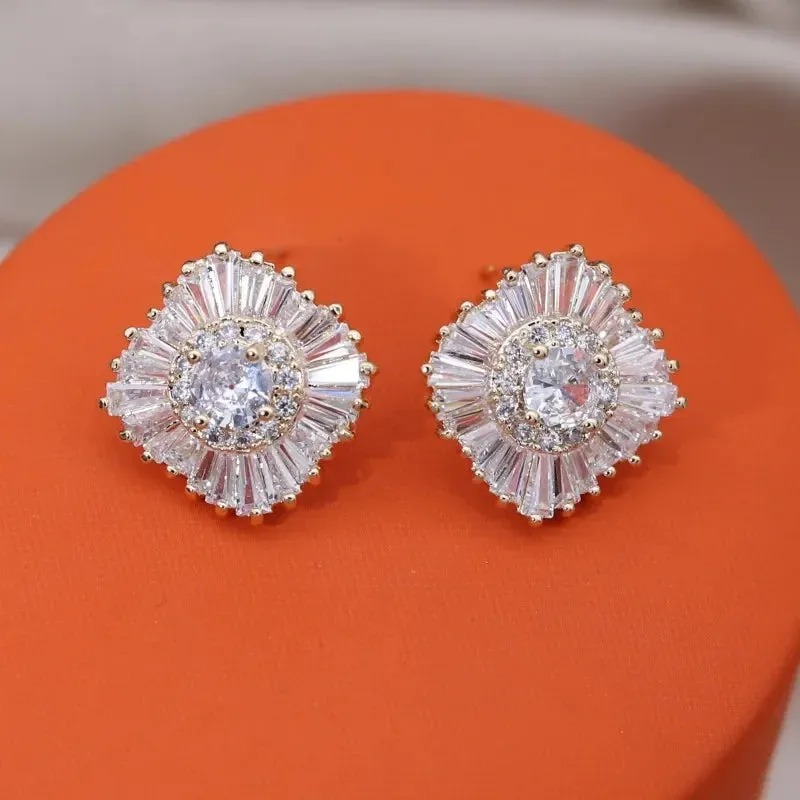 Luxury Round Zircon Earrings 14K Gold Party Women Jewelry