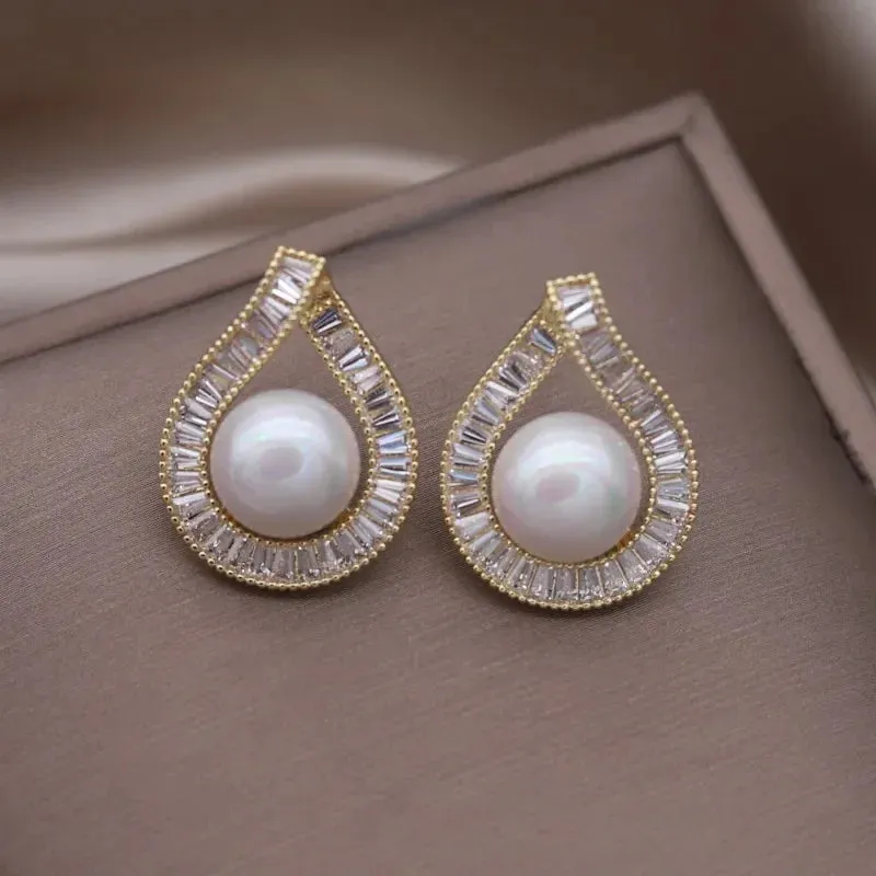 Luxury Round Zircon Earrings 14K Gold Party Women Jewelry