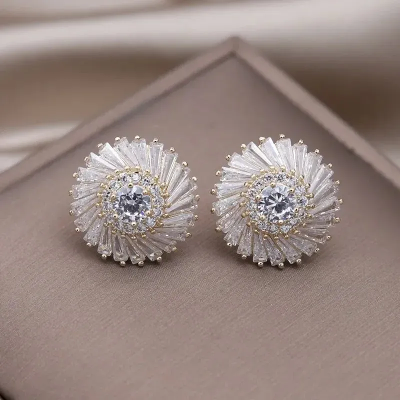 Luxury Round Zircon Earrings 14K Gold Party Women Jewelry
