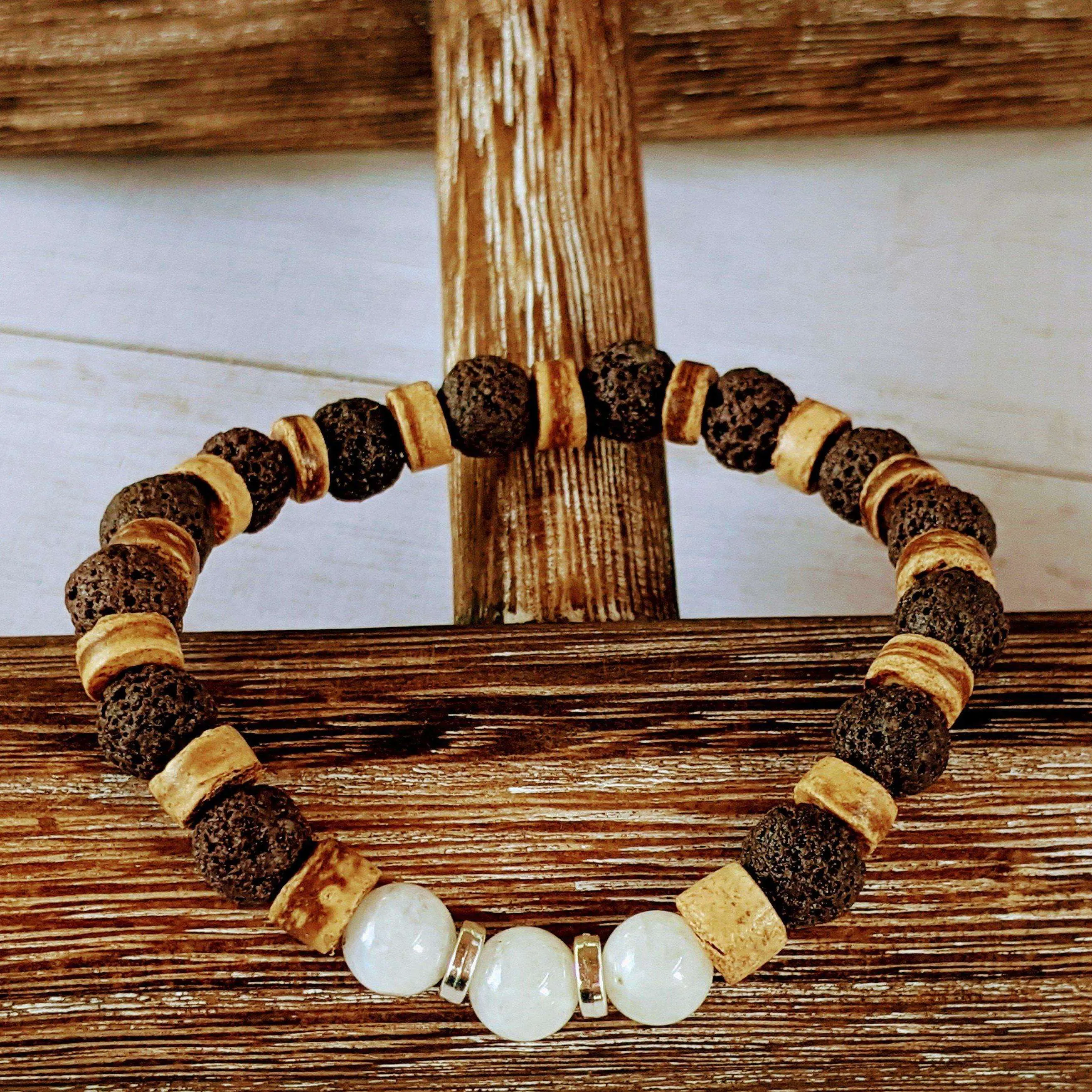 Moonstone Gemstone Lava Bead Stretch bracelet-JUNE Birthstone