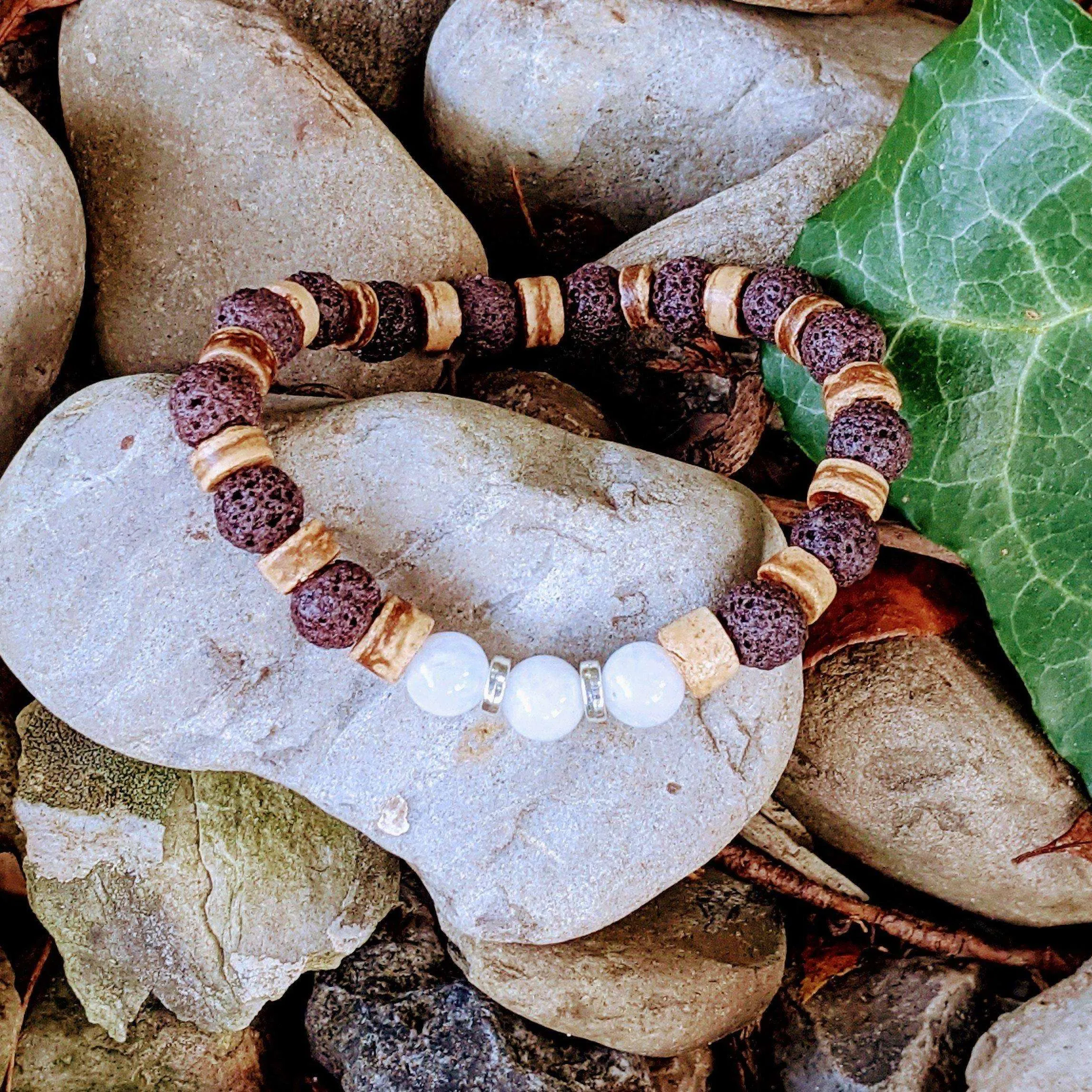 Moonstone Gemstone Lava Bead Stretch bracelet-JUNE Birthstone