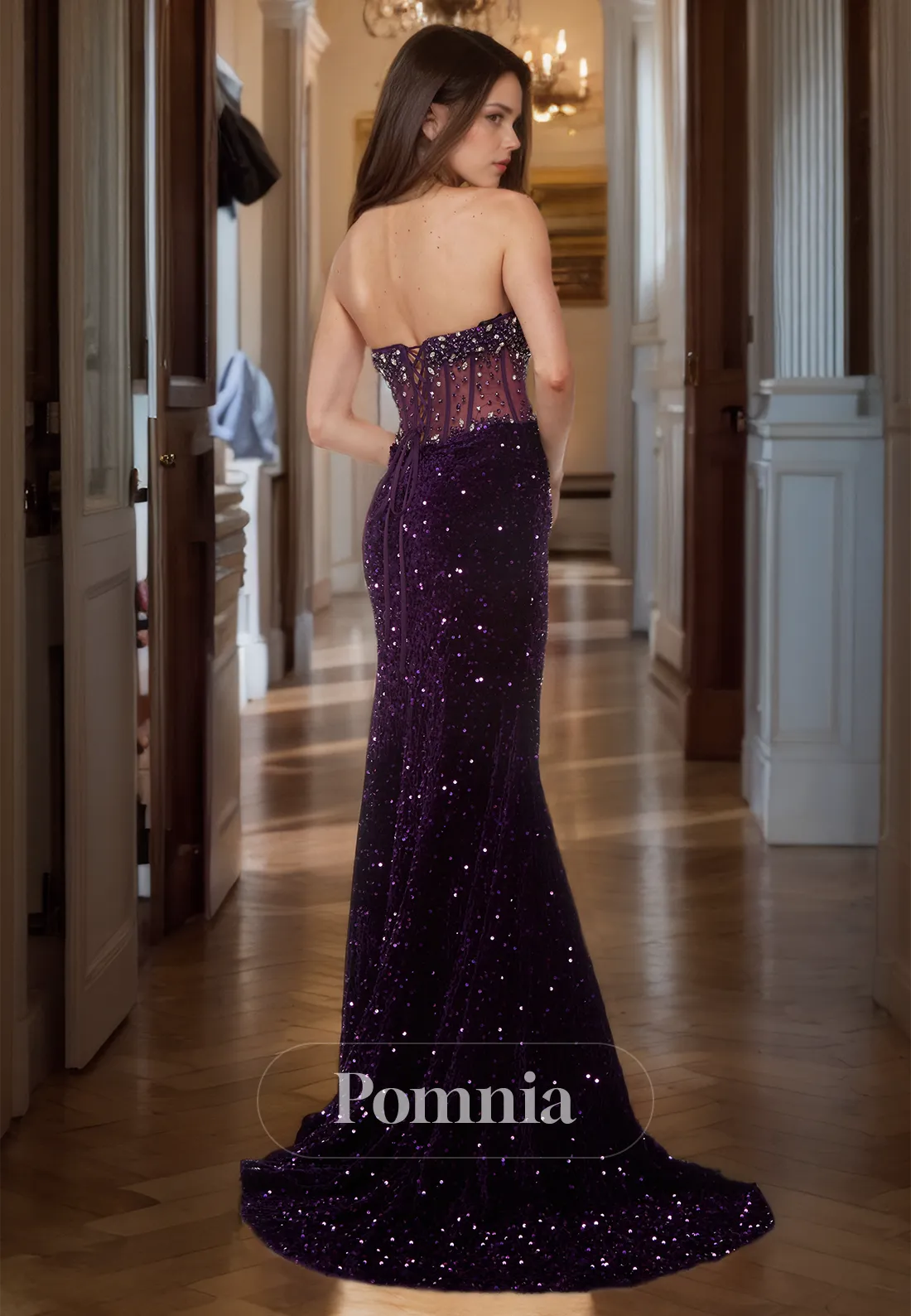 Off-Shoulder Corset Tulle Formal Party Dress with Slit Glitter Sequins Mermaid Prom Party Dress