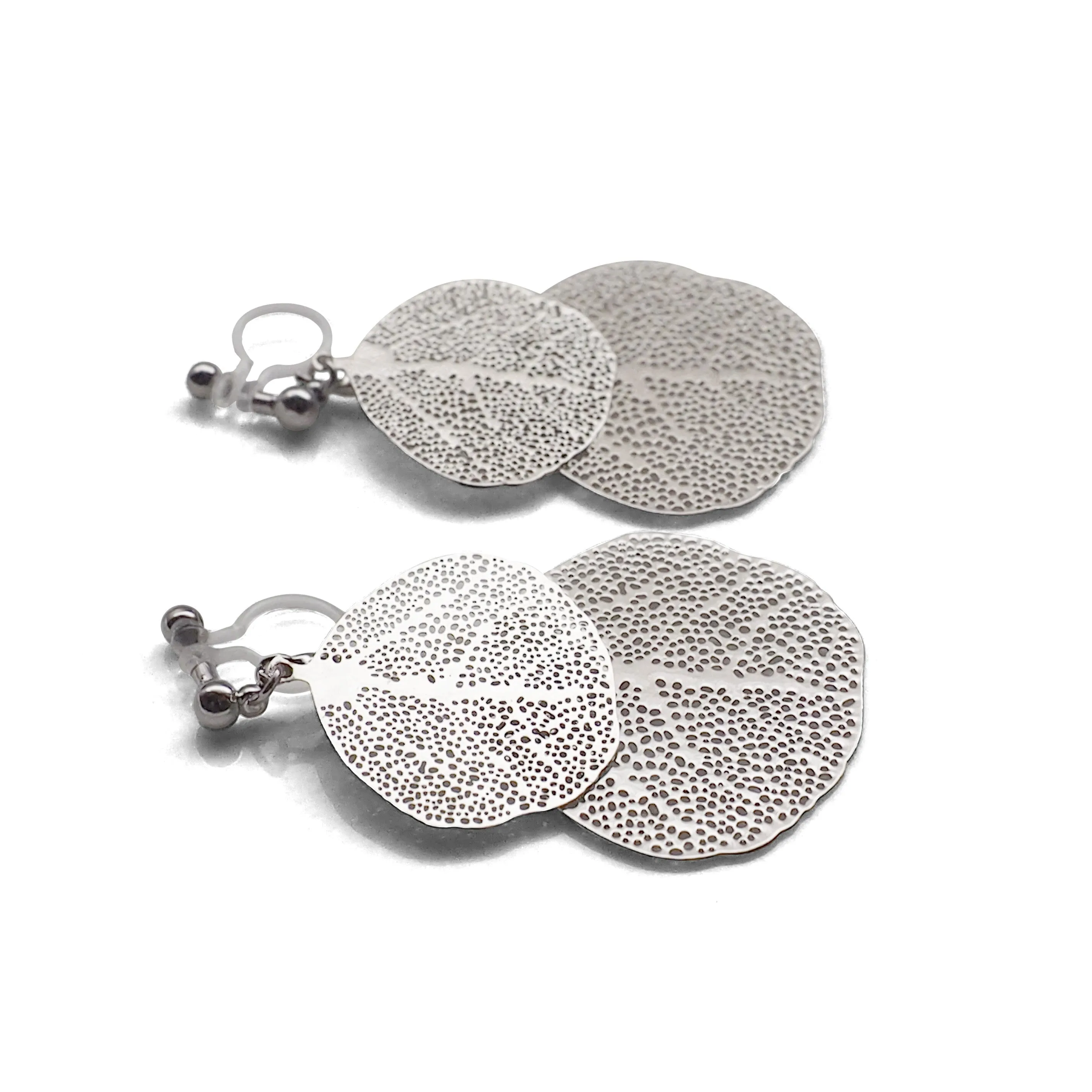 Silver two leaf filigree invisible clip on earrings