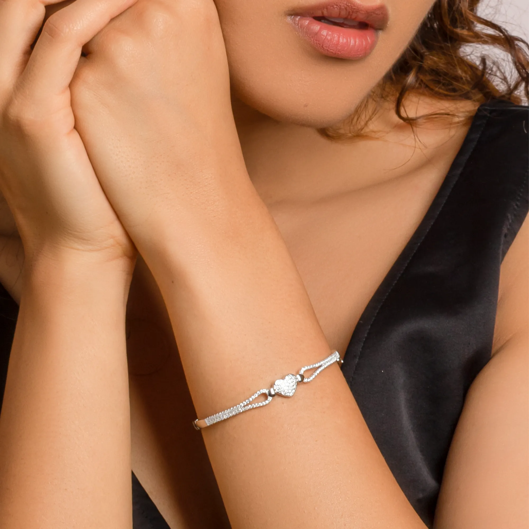 Silver Zircon Studded Heart Bracelet