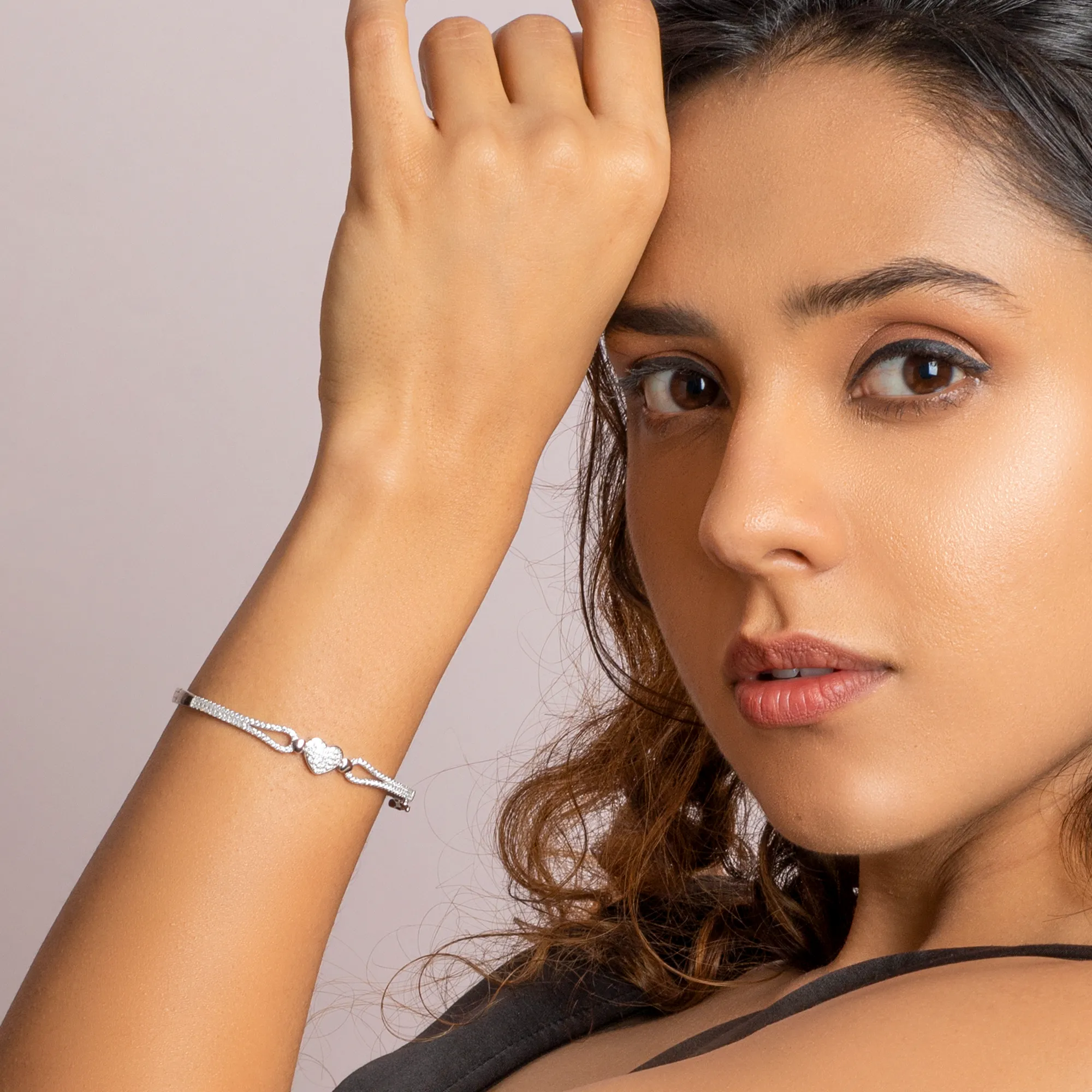 Silver Zircon Studded Heart Bracelet