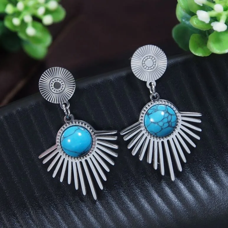 Stainless Steel Turqoise Sunburst Drop Earring