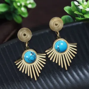 Stainless Steel Turqoise Sunburst Drop Earring