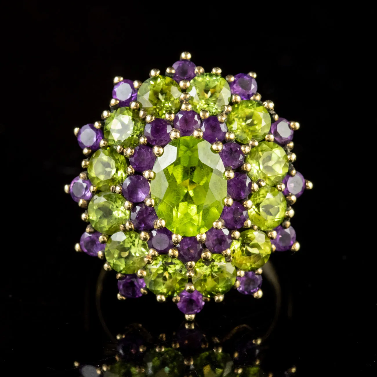 Suffragette Peridot Amethyst Cluster Ring 9Ct Yellow Gold