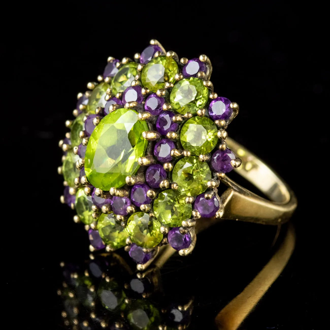 Suffragette Peridot Amethyst Cluster Ring 9Ct Yellow Gold