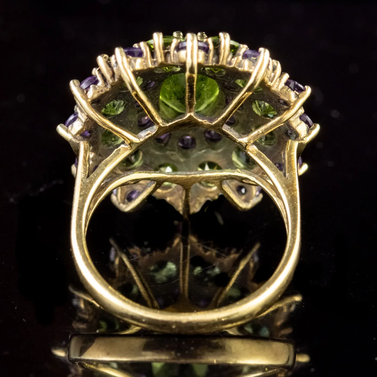 Suffragette Peridot Amethyst Cluster Ring 9Ct Yellow Gold