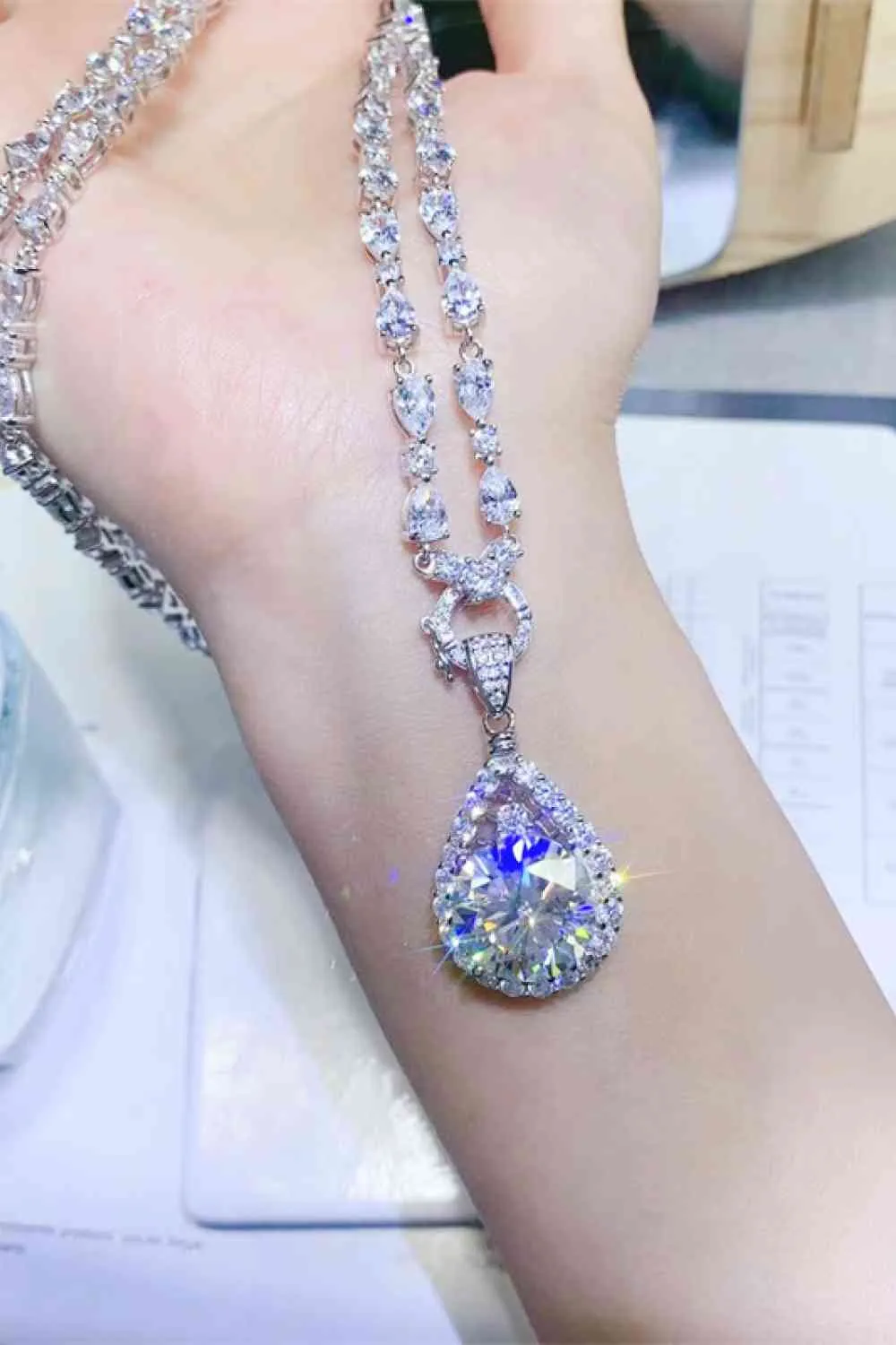 THE DOLLY 10 Carat Moissanite Teardrop Pendant Platinum-Plated Necklace