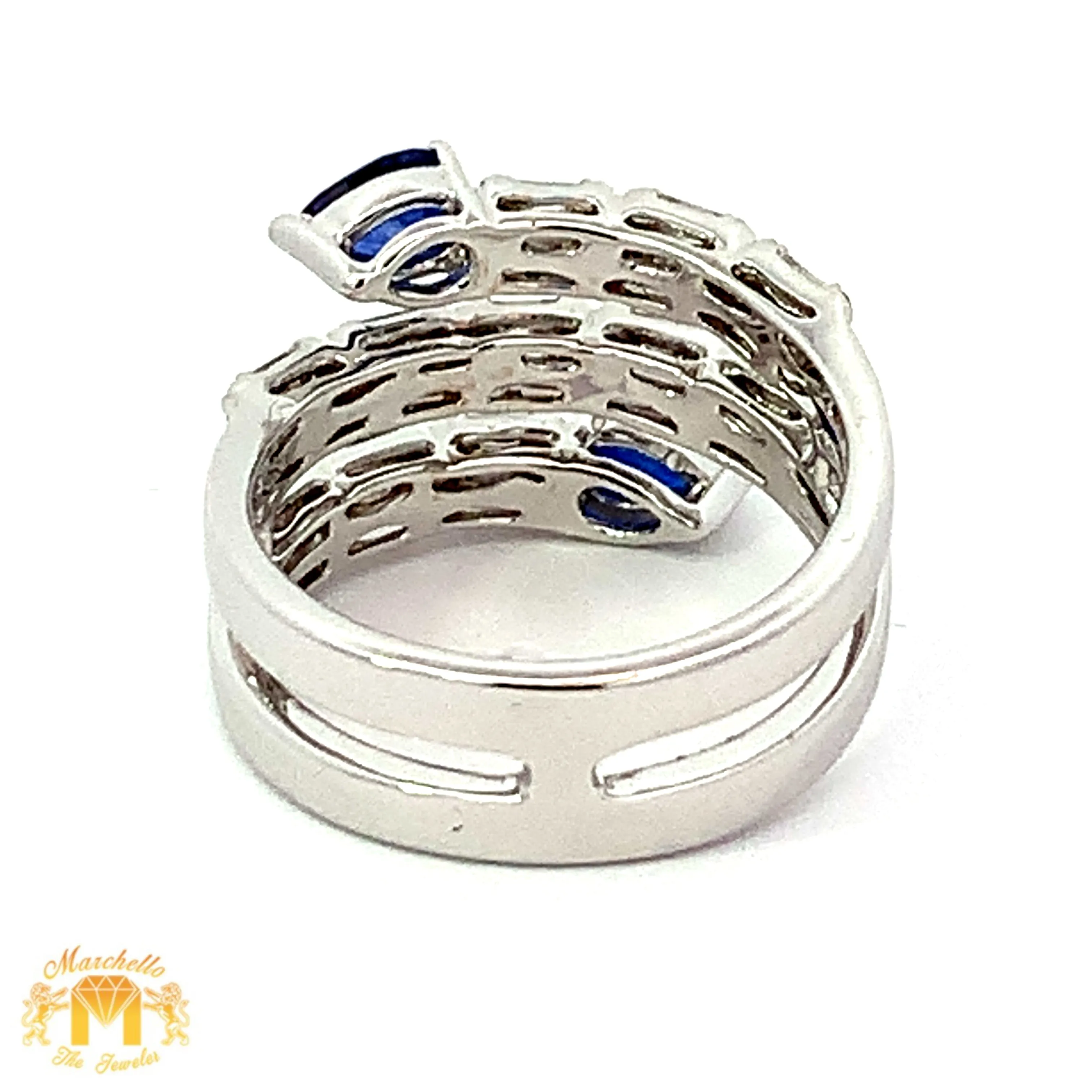 VVS/vs EF color high clarity diamonds set in a 18k Gold Stack Blue Sapphire Ring with Baguette Diamonds